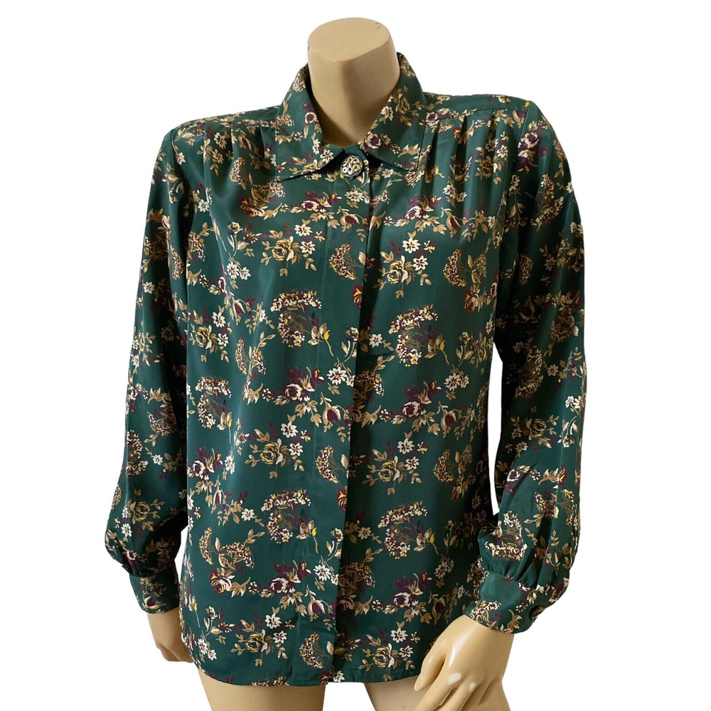 Notations Vintage Floral Button Front Blouse Women's Size 6 Green